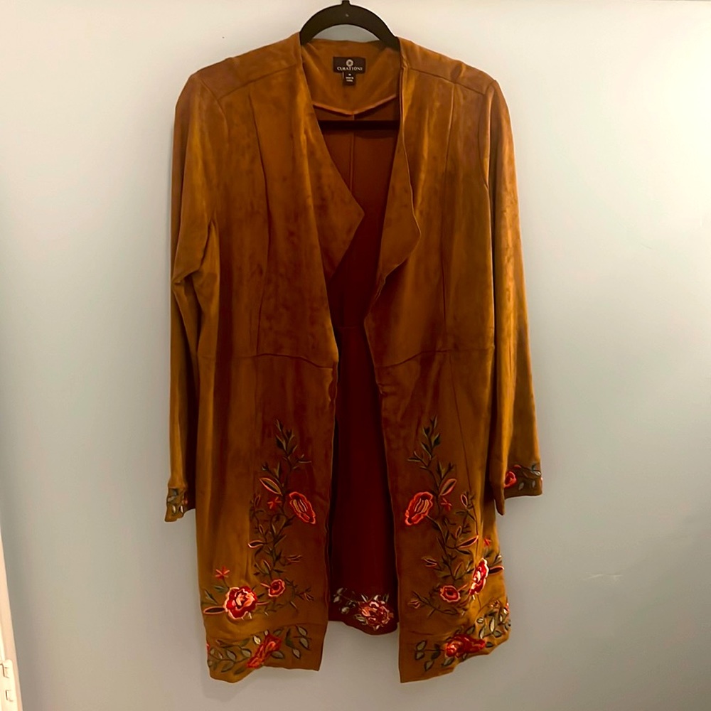 Faux suede duster with beautiful embroidery.